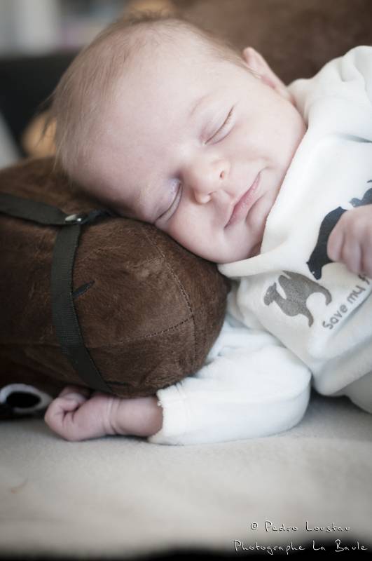 bambin qui dort sur sa peluche avec le sourire-photographe-la-baule-pedro-loustau